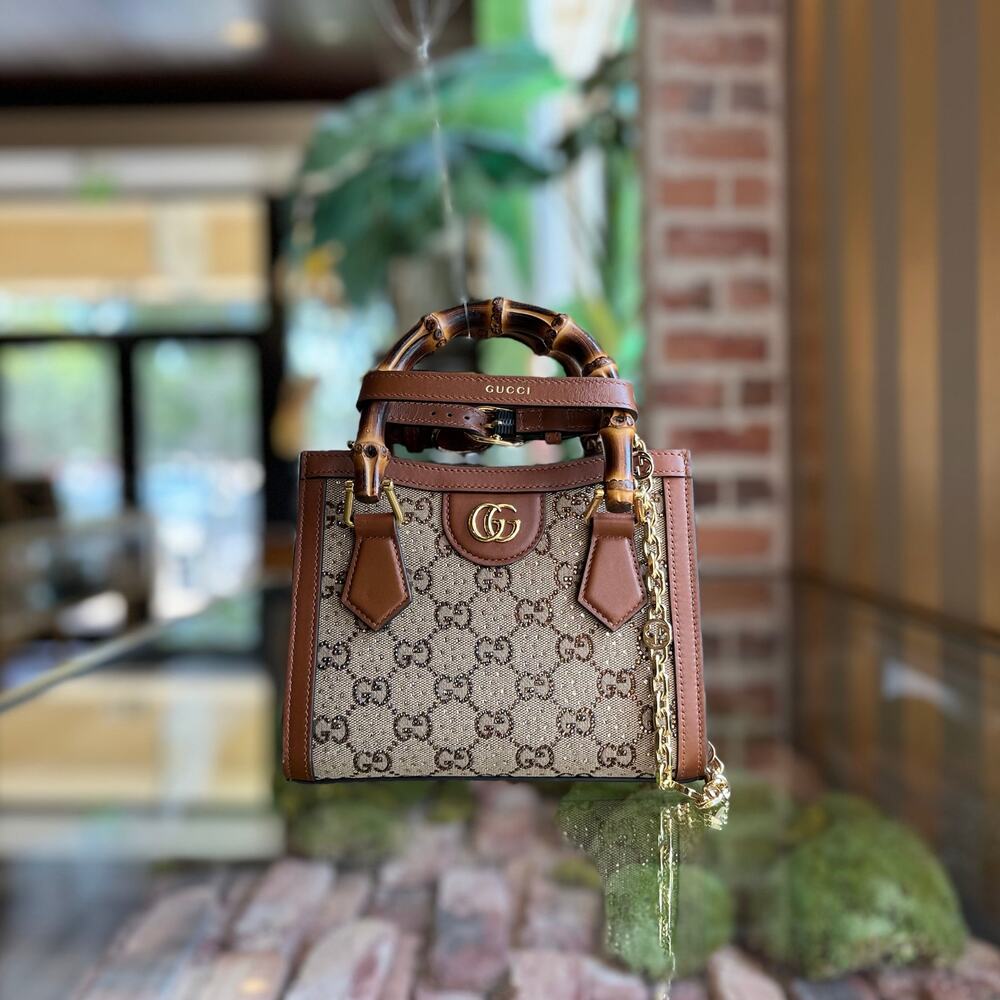 GUCCI Diane Small Brown GG Crystal Bamboo Top Handle